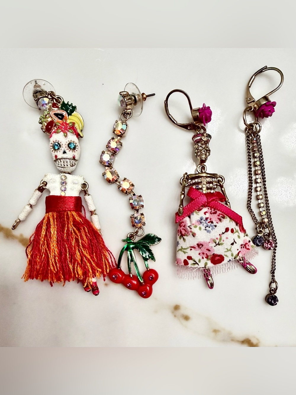 Betsey Johnson Red Pink Cherry & Doll Mismatch Drop Earrings